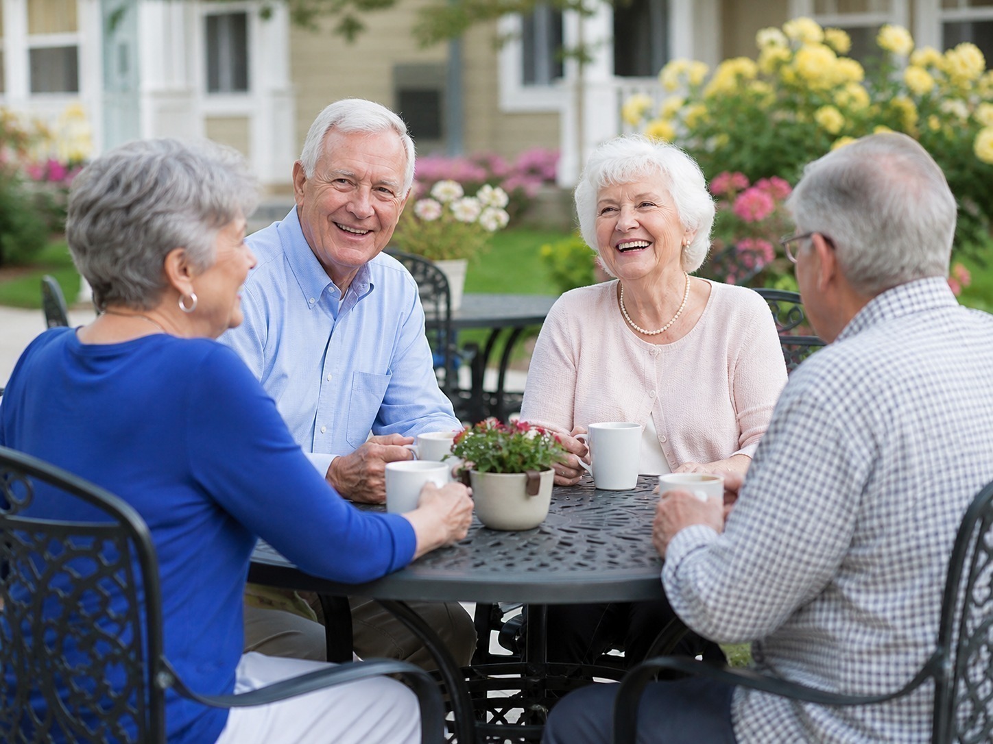 Senior living community common area with seating and updated finishes
