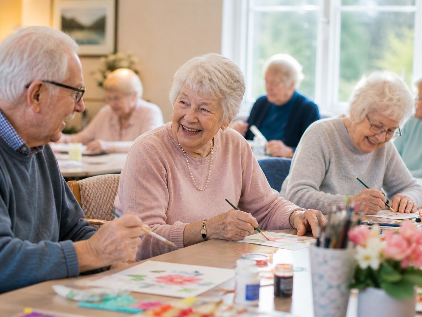 A senior living staff member speaking with an older resident in a community common area