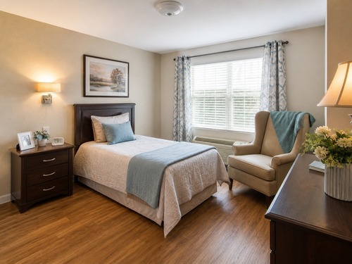 A senior living community common area designed for residents to gather and participate in wellness activities