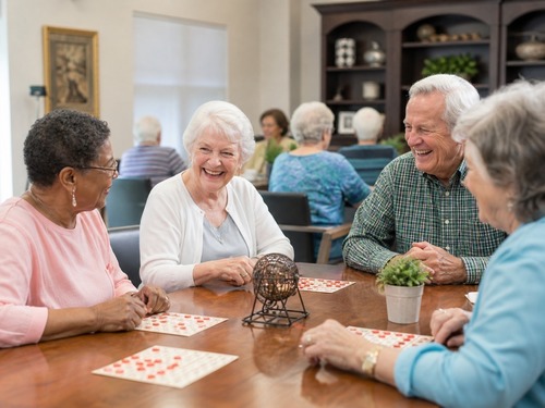 Senior living community exterior with walking paths and shared amenities