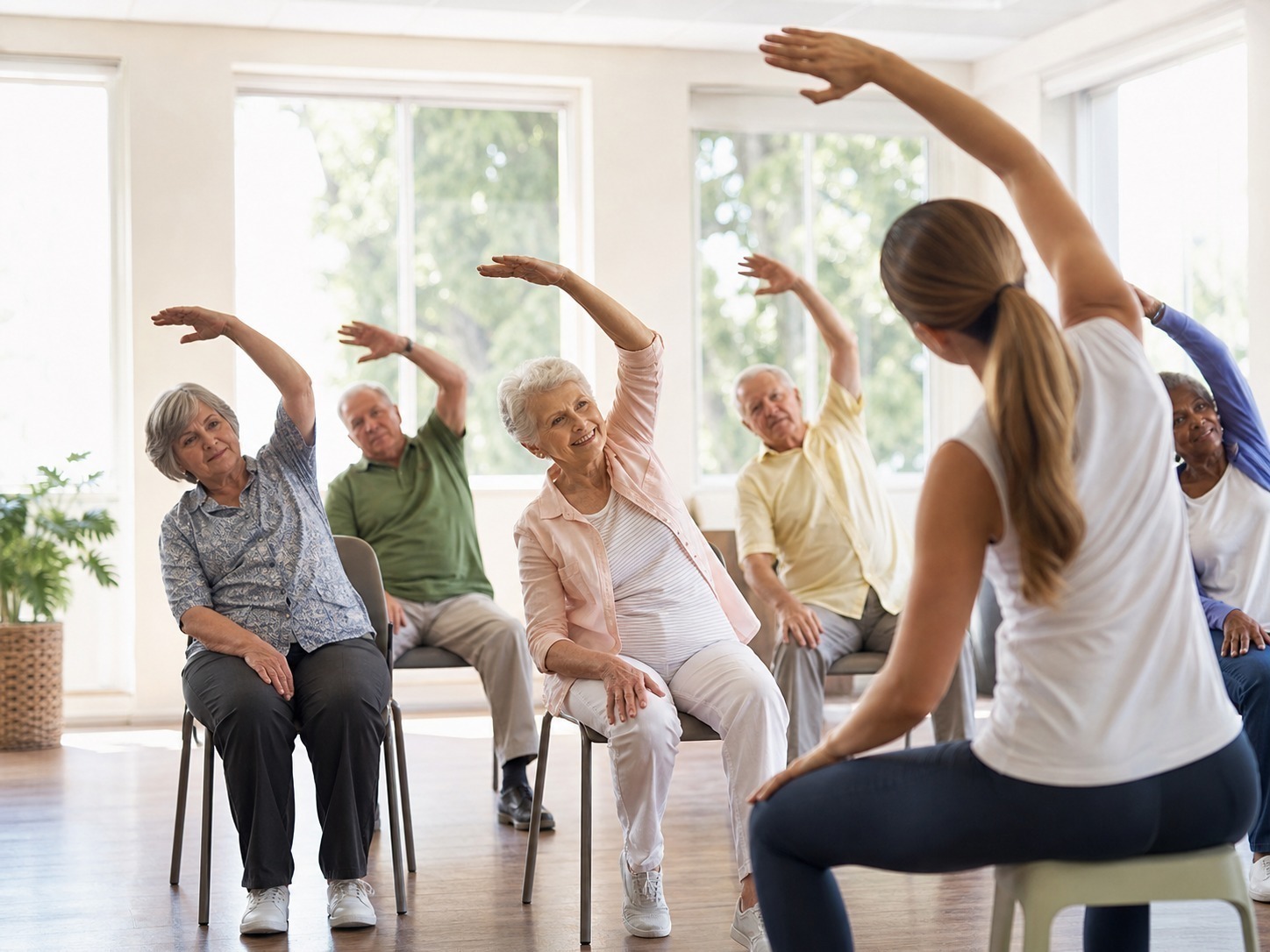 An older veteran with a family caregiver reviewing senior care options at a table