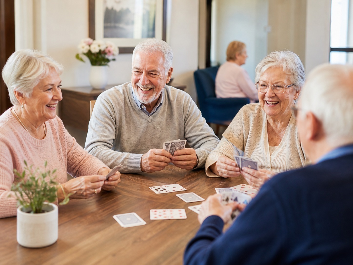 Senior living community exterior with residents and family members walking outside