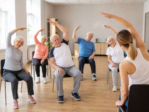 Older adult family members meeting with a senior care advisor at a table