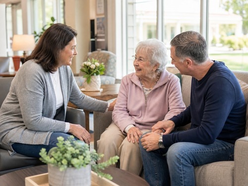 A senior living community lobby where a family might meet with a sales counselor