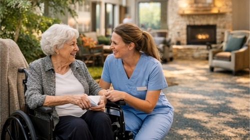Older adults and family members discussing memory care options in a senior living setting