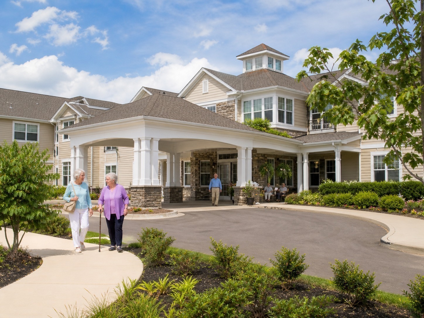 Exterior view of a senior living community building