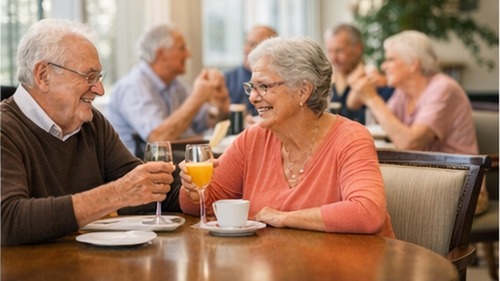 Older adults and a senior living staff member talking in a community common area
