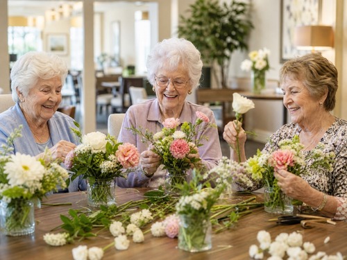Senior living apartment building with landscaped grounds