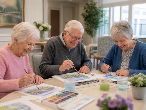 A senior living resident in a decorated apartment speaking with a family member